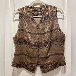 TAHARI Brown and Tan Button Down Vest with Mandarin Collar size 12
